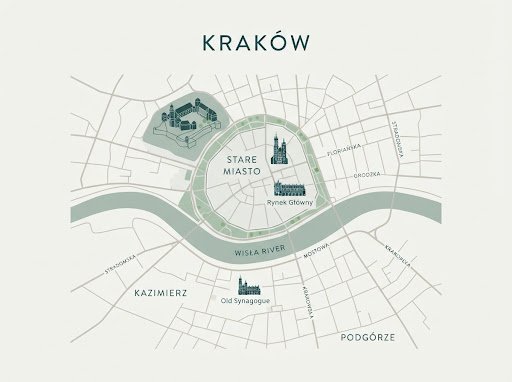 Plan orientacyjny centrum Krakowa z zaznaczeniem lokalizacji Centrum Medycznego Vela